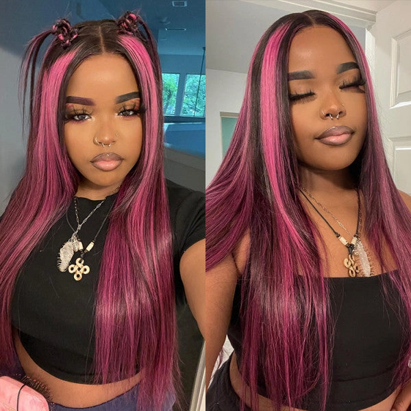13x4 Lace Frontal Wigs 99J Burgundy Straight Human Hair with Highlights