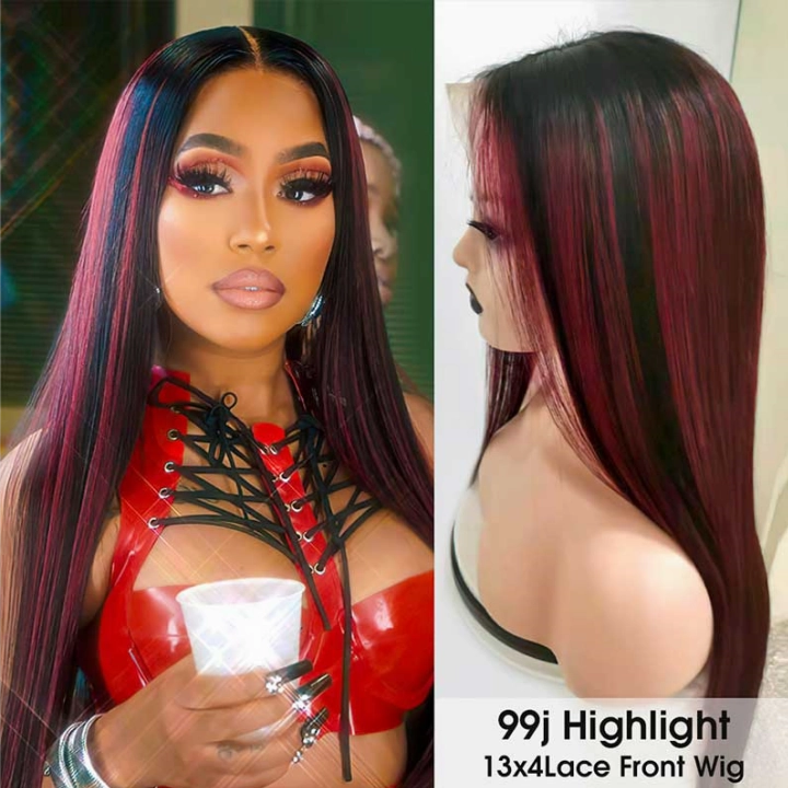 13x4 Lace Frontal Wigs 99J Burgundy Straight Human Hair with Highlights