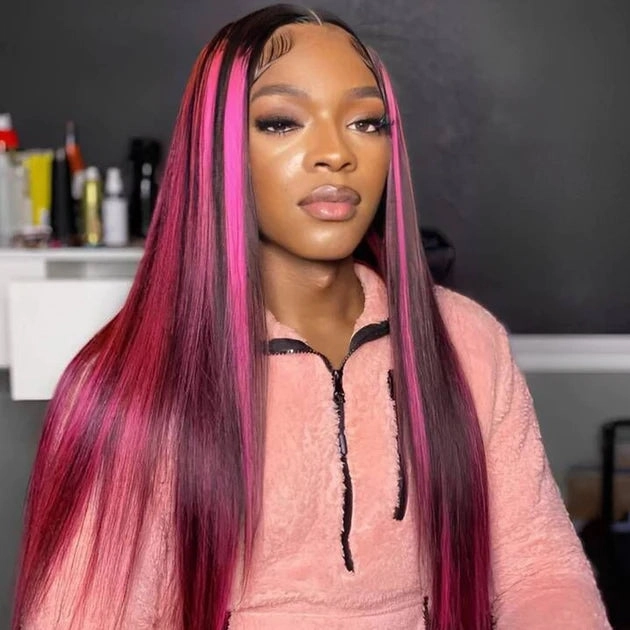 13x4 Lace Frontal Wigs 99J Burgundy Straight Human Hair with Highlights
