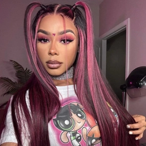 13x4 Lace Frontal Wigs 99J Burgundy Straight Human Hair with Highlights