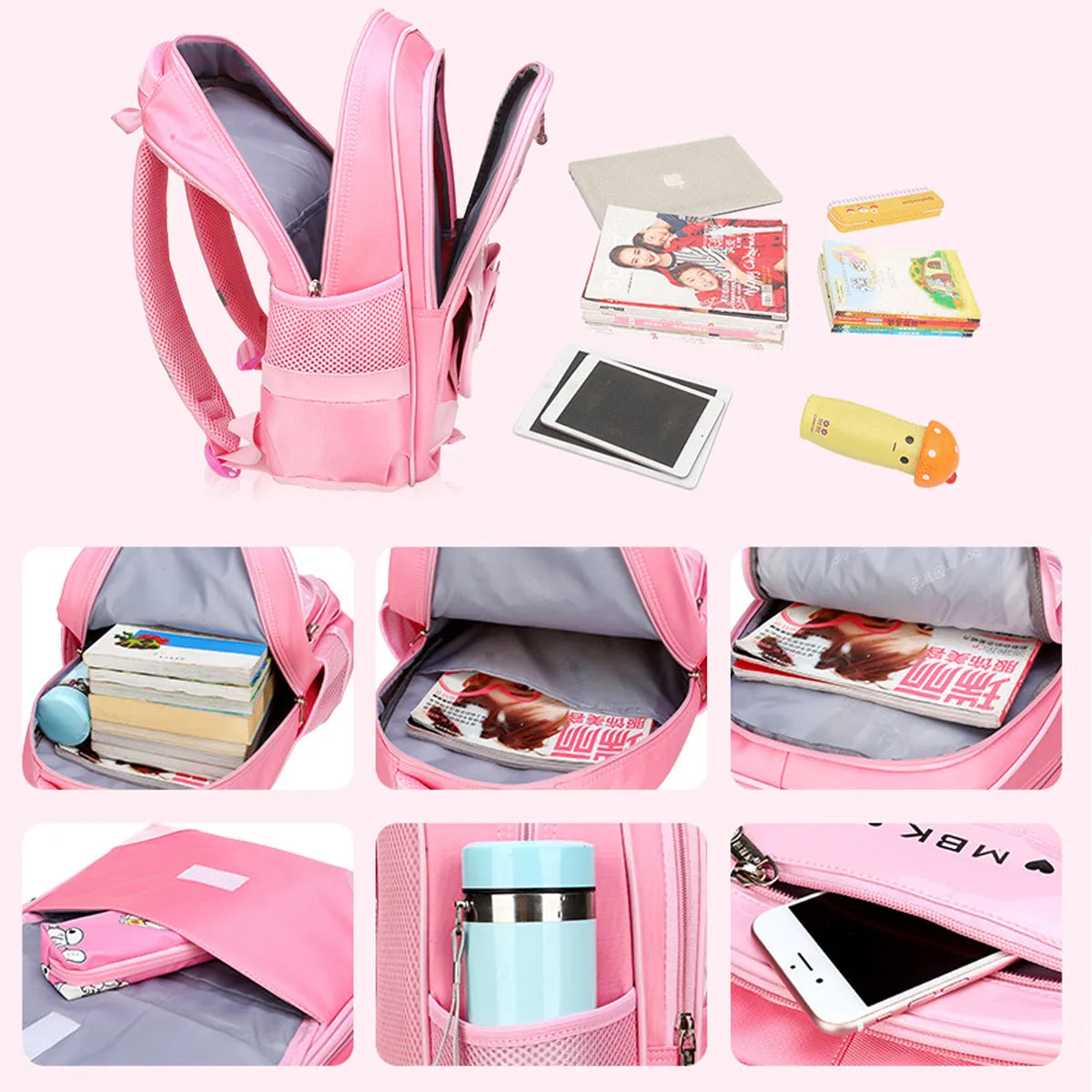2Pcs Bowknot Wave Point Prints Primary School Backpack