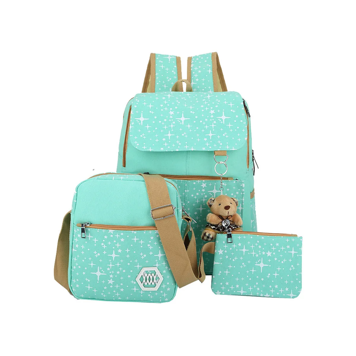 3 Pcs Star Print Girls Canvas Backpacks Set for School