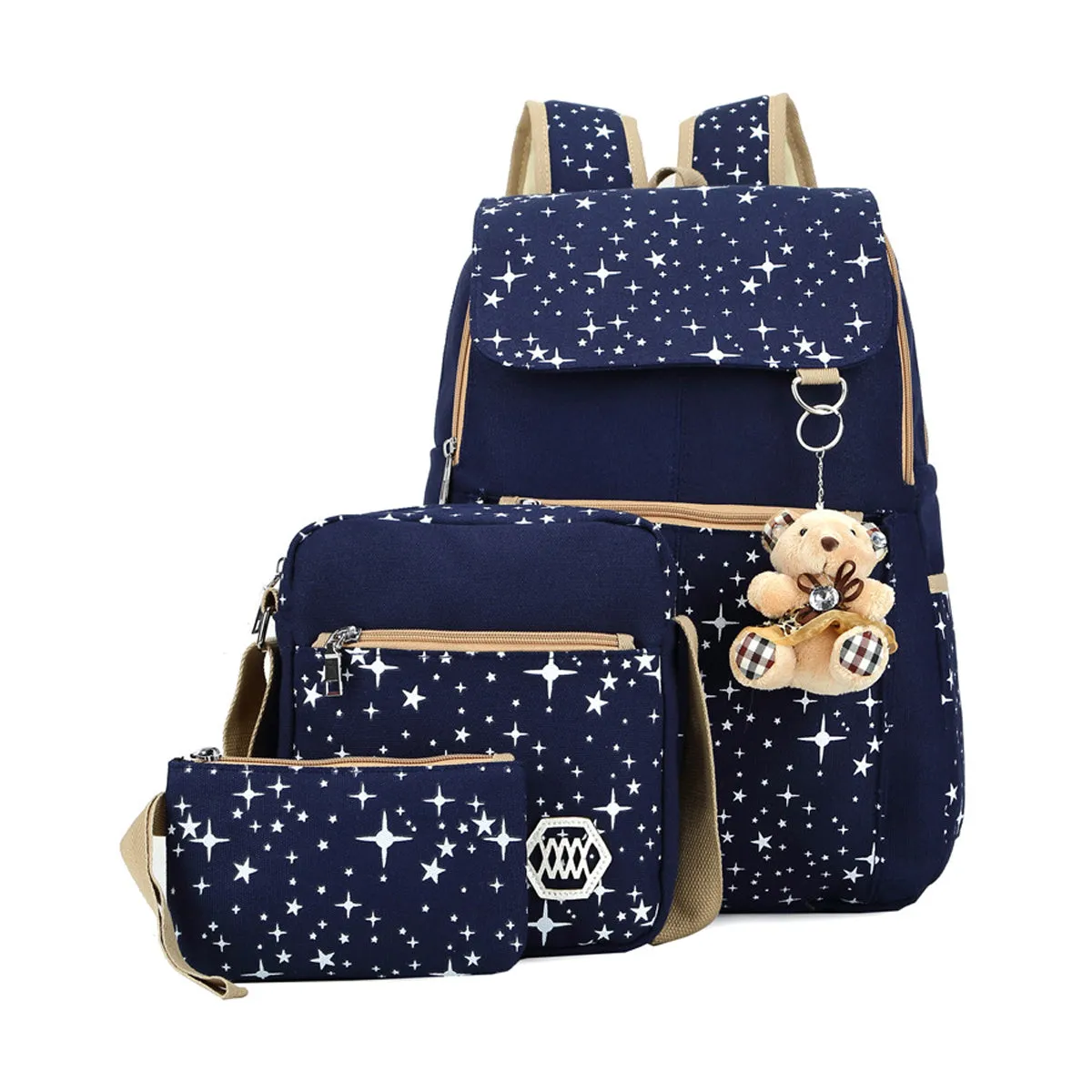 3 Pcs Star Print Girls Canvas Backpacks Set for School
