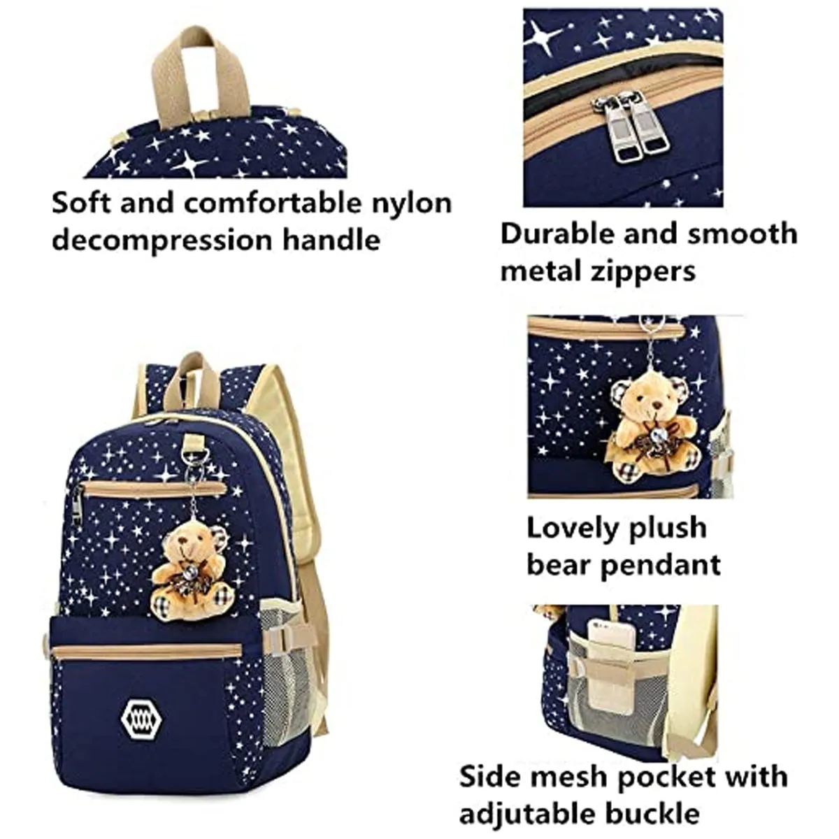3 Pcs Star Print Girls Canvas Backpacks Set for School