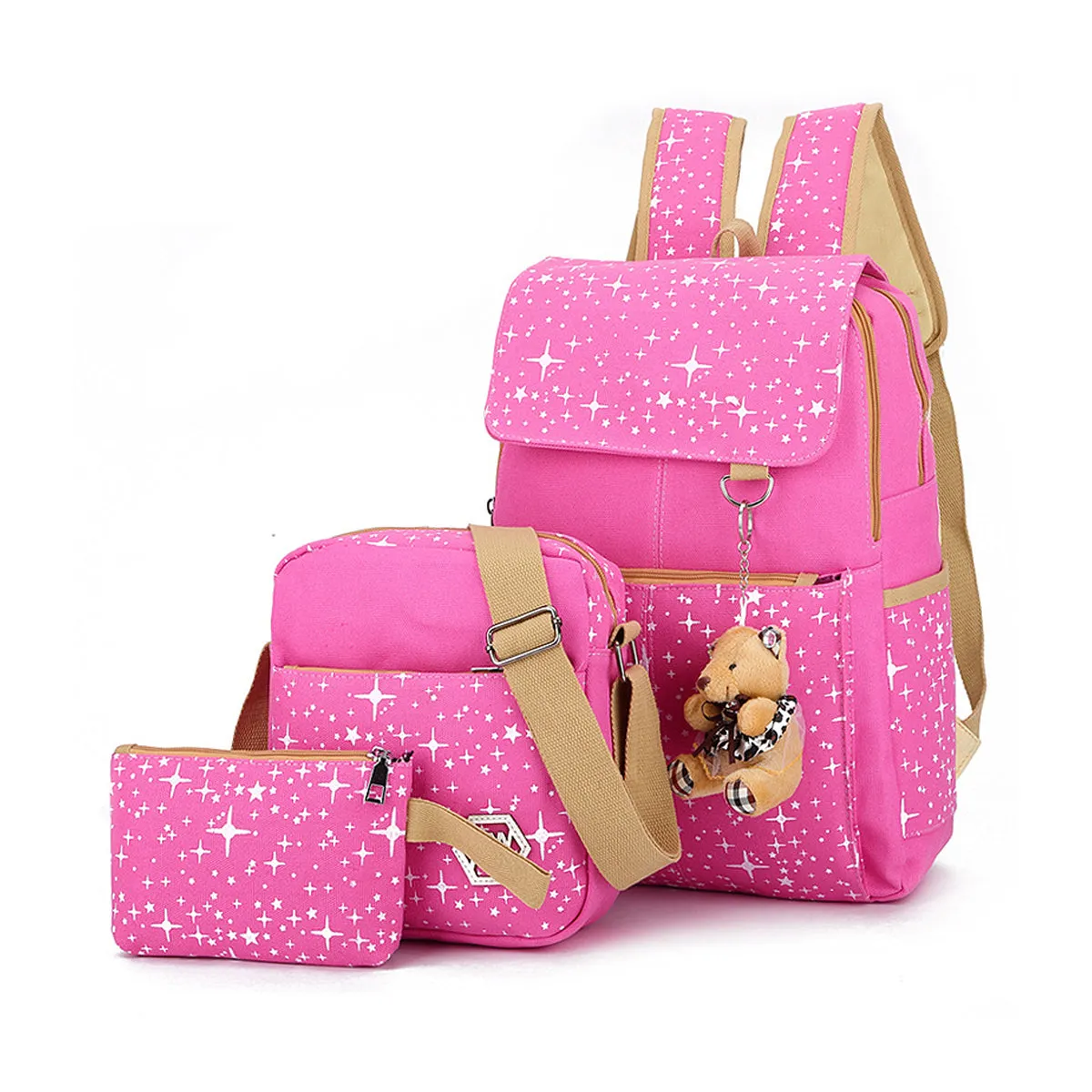 3 Pcs Star Print Girls Canvas Backpacks Set for School