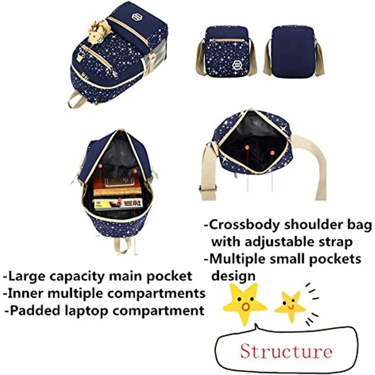 3 Pcs Star Print Girls Canvas Backpacks Set for School