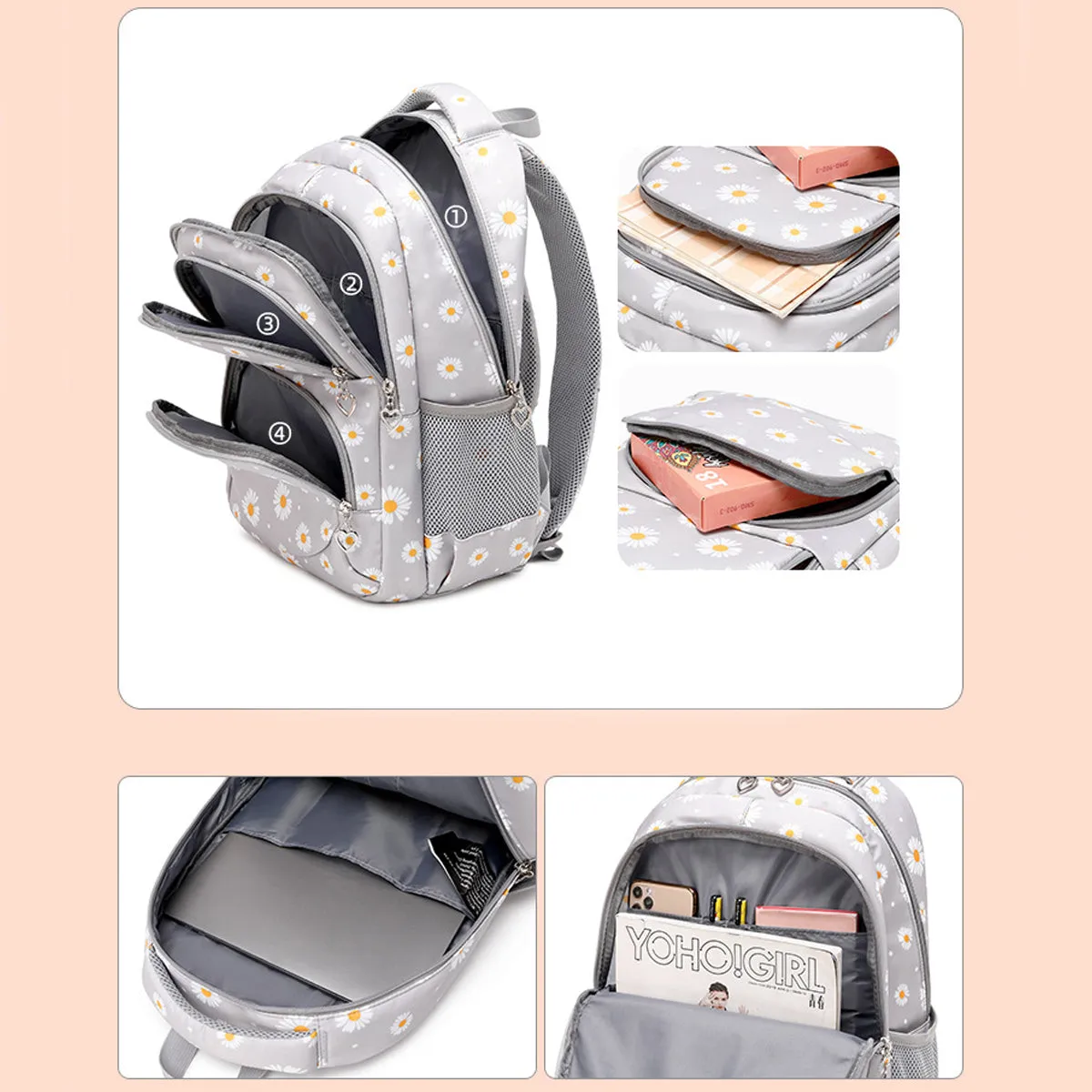 3Pcs Daisy Prints Backpack Sets Kids Bookbag for Teens