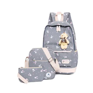 3Pcs Rabbit-Print Girls School Bag Backpack