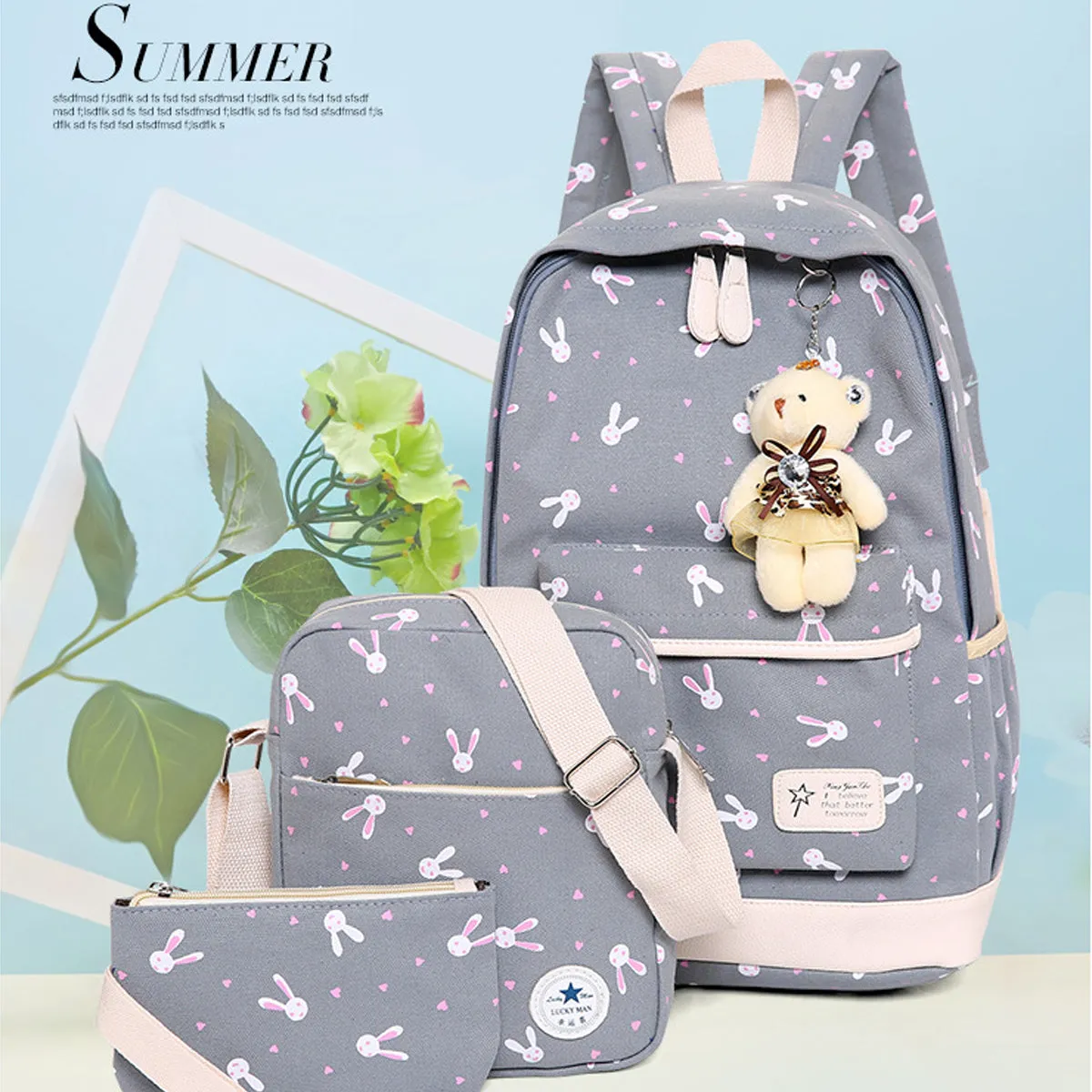 3Pcs Rabbit-Print Girls School Bag Backpack