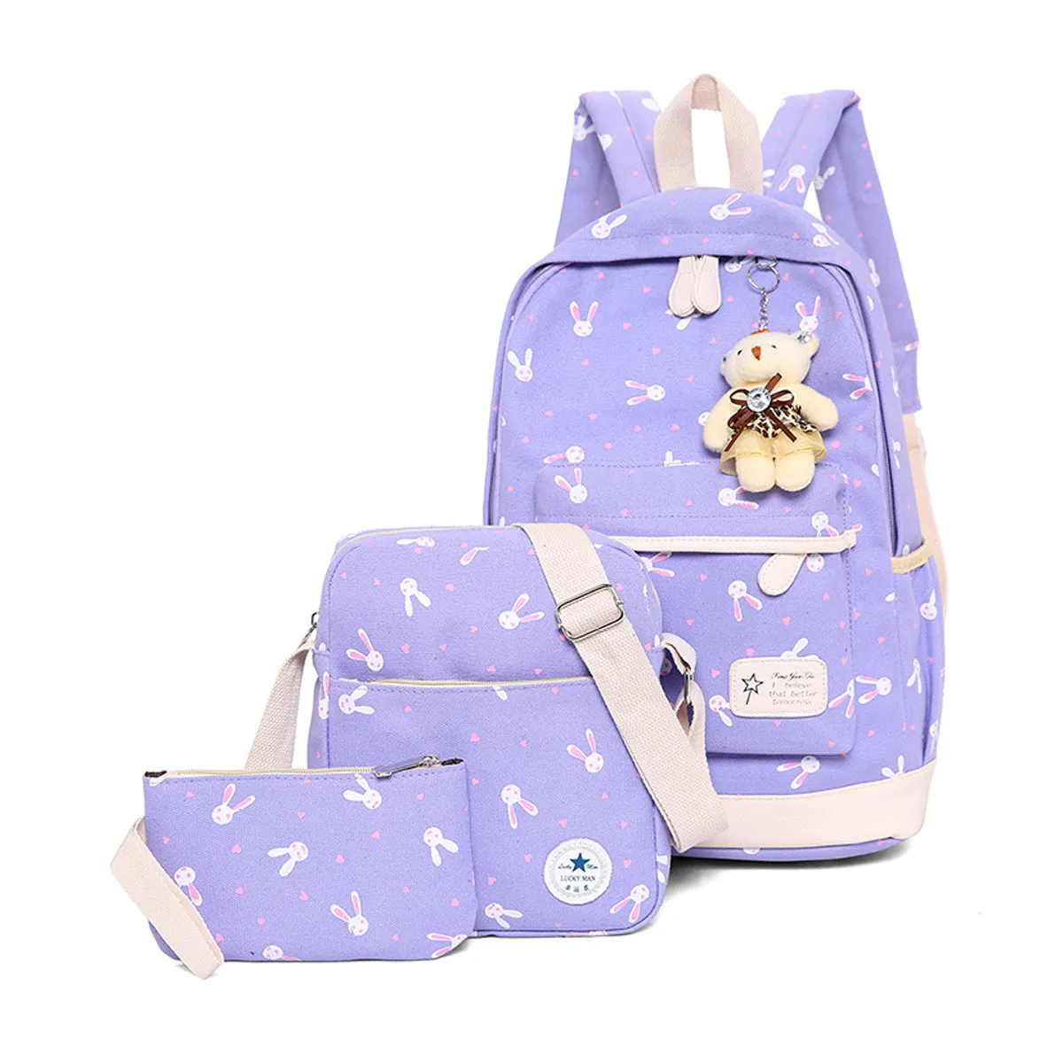 3Pcs Rabbit-Print Girls School Bag Backpack