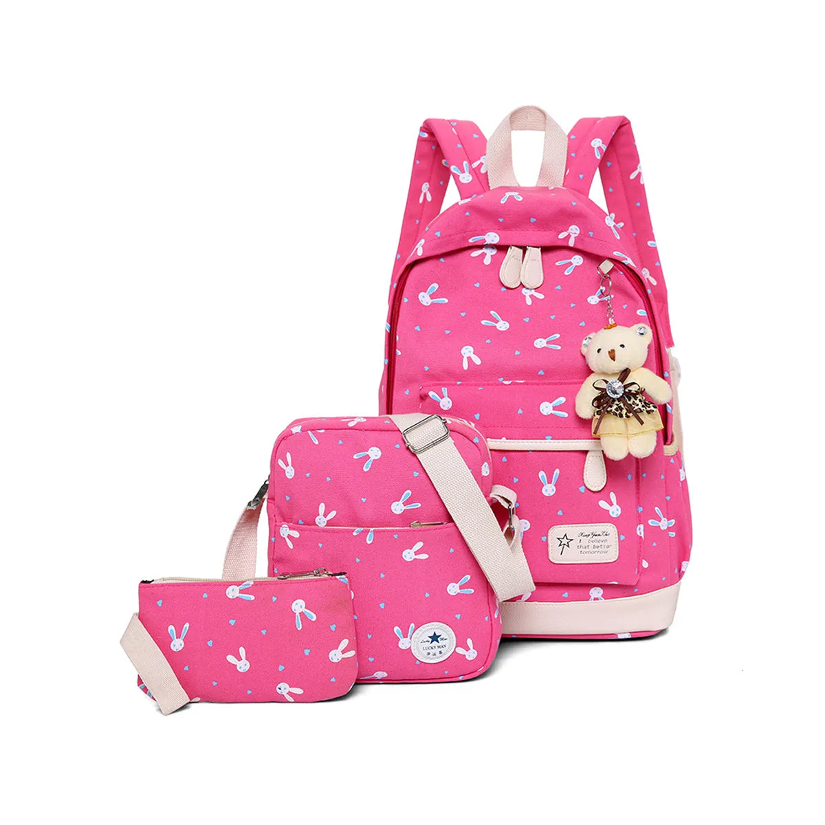 3Pcs Rabbit-Print Girls School Bag Backpack