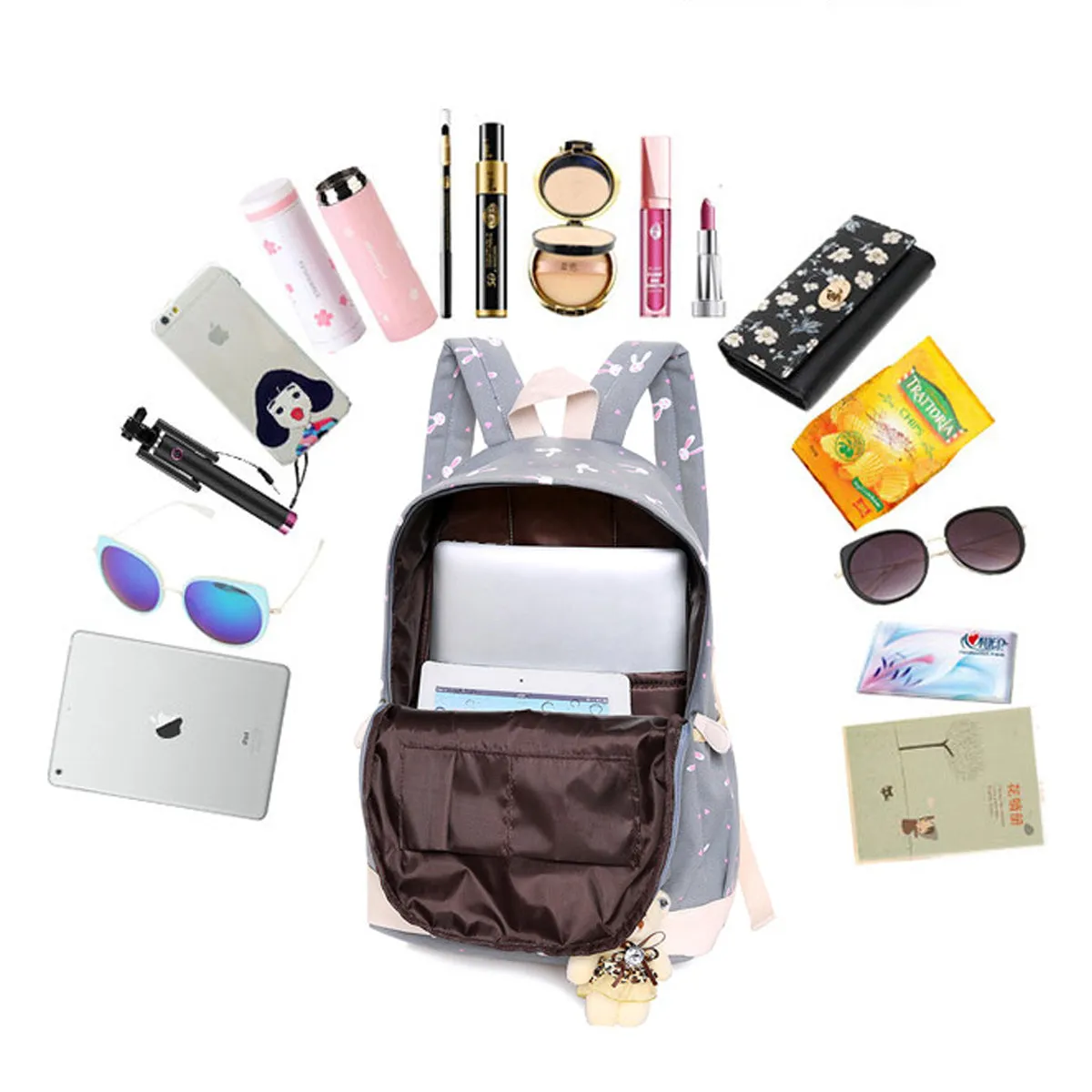3Pcs Rabbit-Print Girls School Bag Backpack