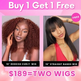 $189 = 2 Wigs | Geeta 16" Reddish Brown Jerry Curly Lace Wig and 16" Straight Wig With Bangs Bogo Sale