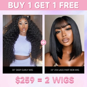 $259= 2 Wigs | Geeta 30" Deep Curly 13x4 Lace Front   10" Glueless Put On And Go Bob Wig Bogo Sale