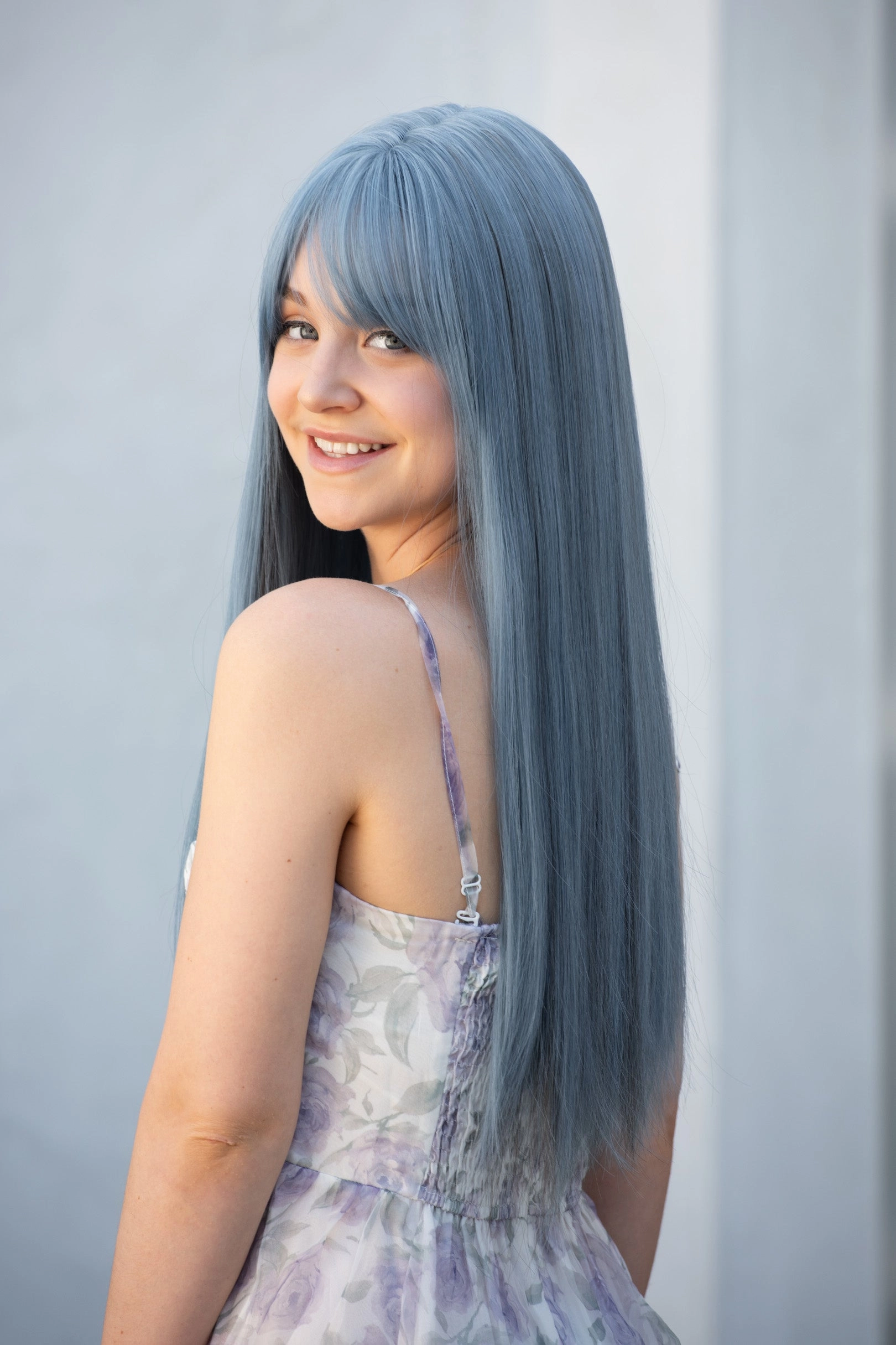 Ash Blue Straight Synthetic Wig with Bangs Erio