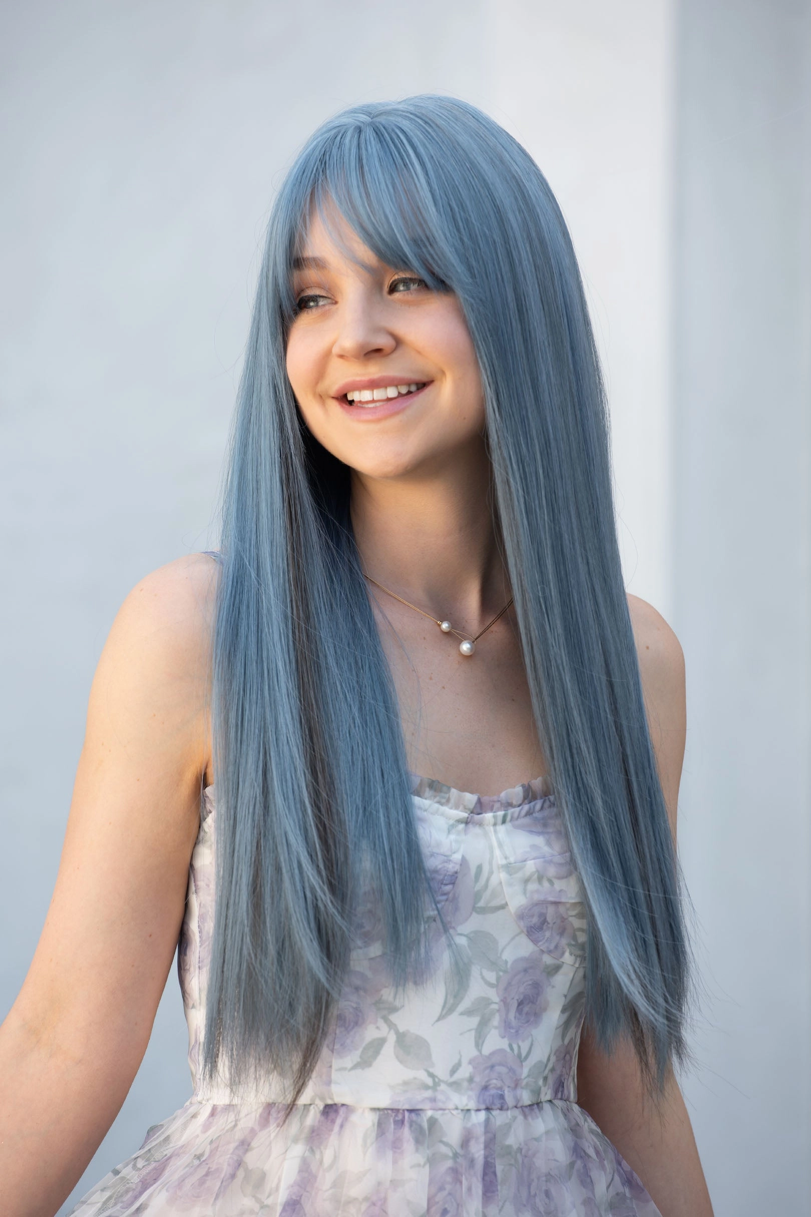 Ash Blue Straight Synthetic Wig with Bangs Erio