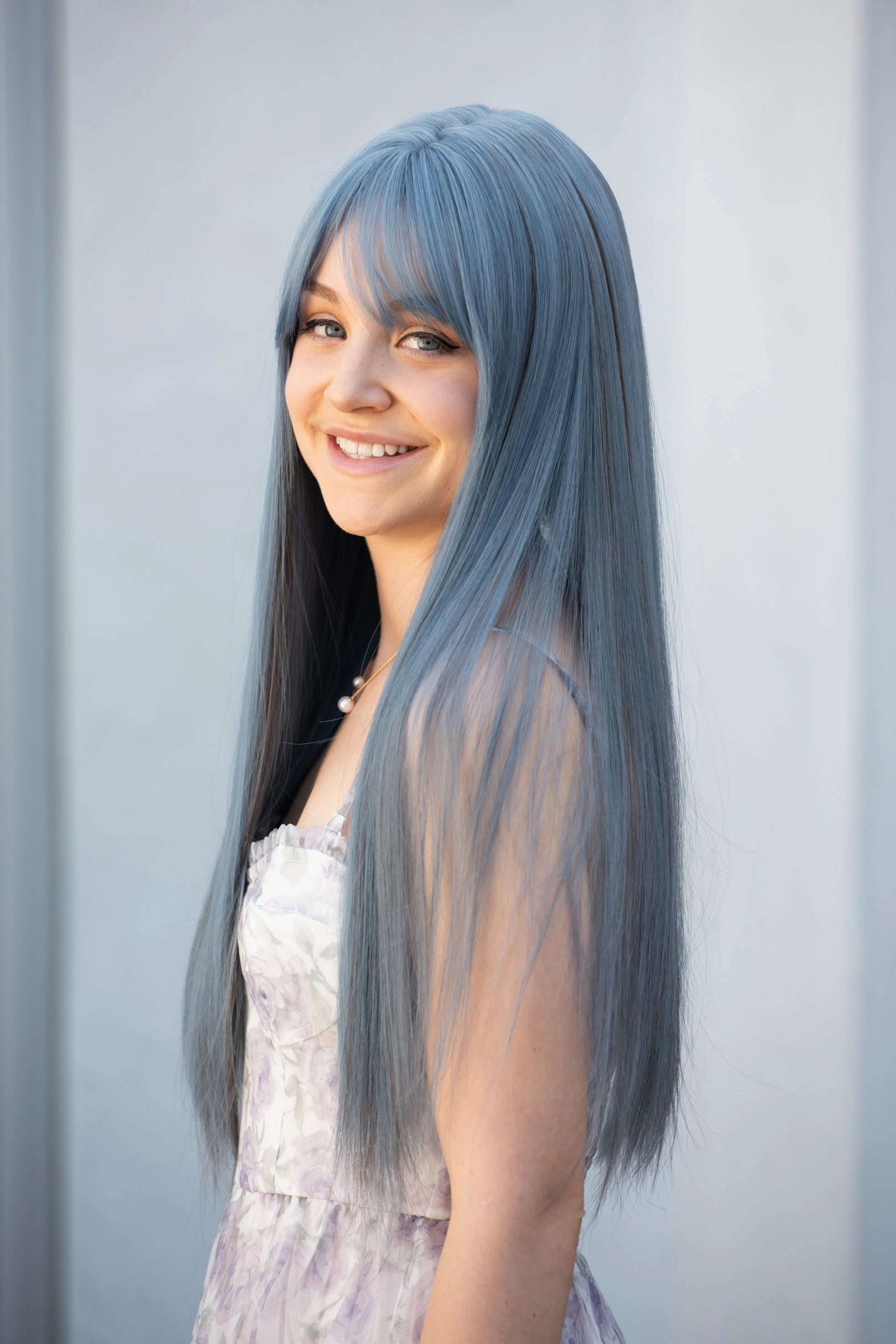 Ash Blue Straight Synthetic Wig with Bangs Erio