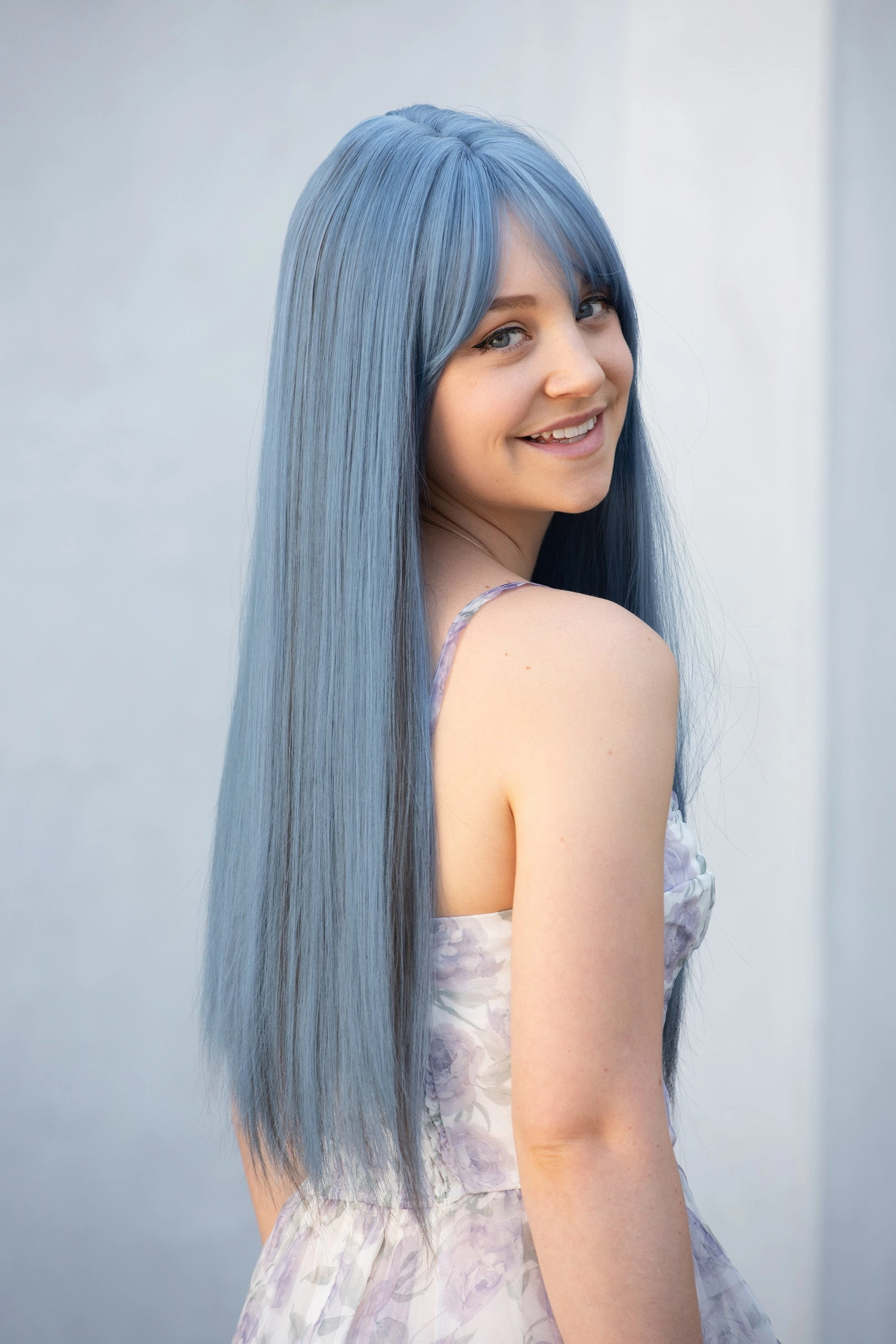 Ash Blue Straight Synthetic Wig with Bangs Erio