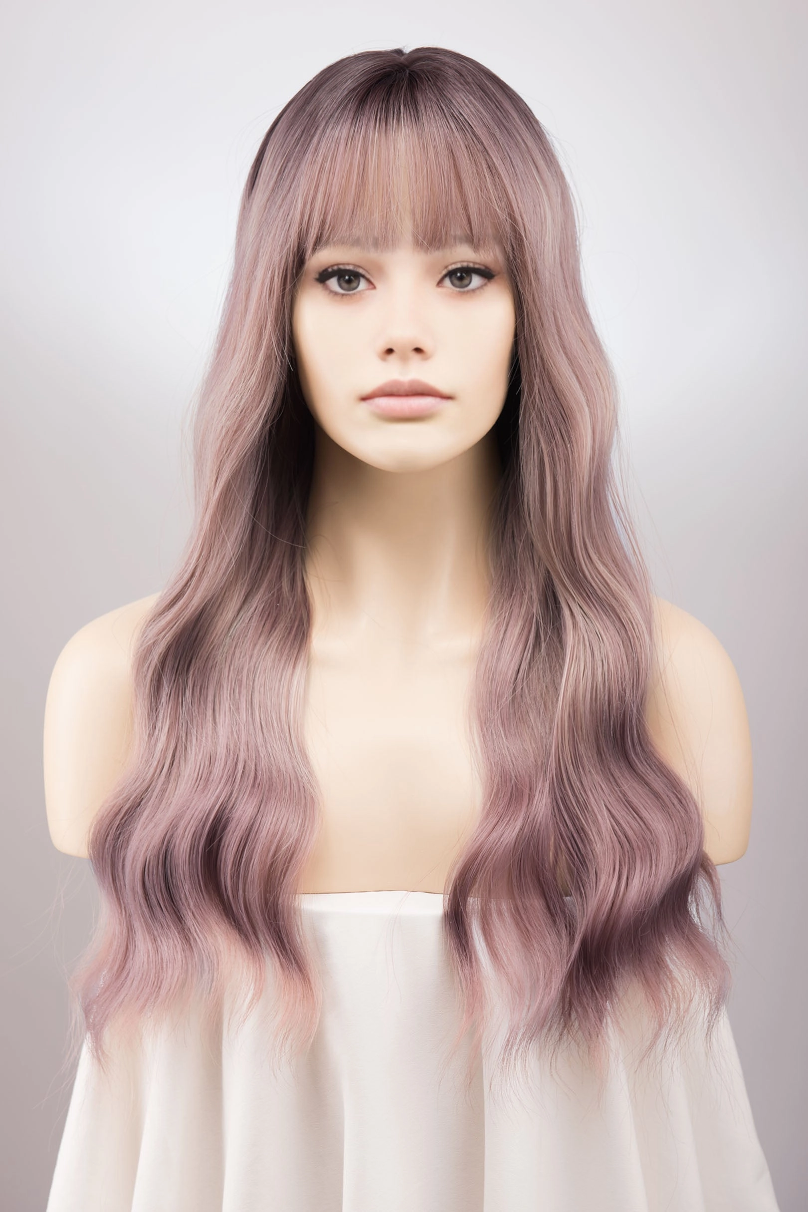 Ashy Pink Ombre Wavy Wig with Bangs Kamila