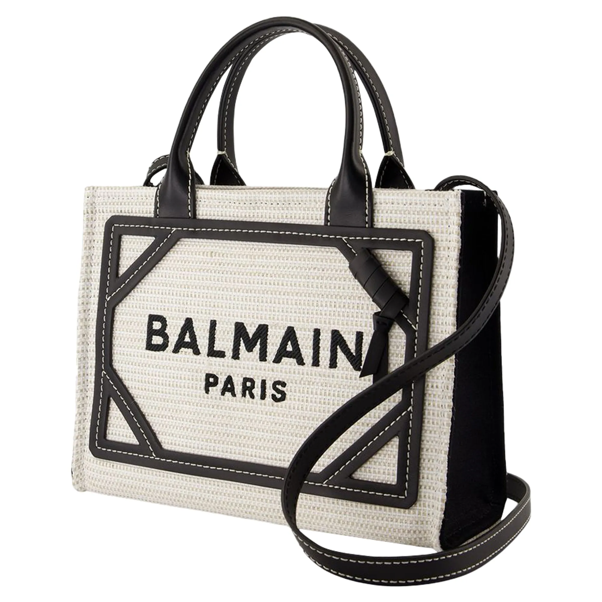 B-Army Small Shopper Bag - Balmain - Raffia - Neutral/Black