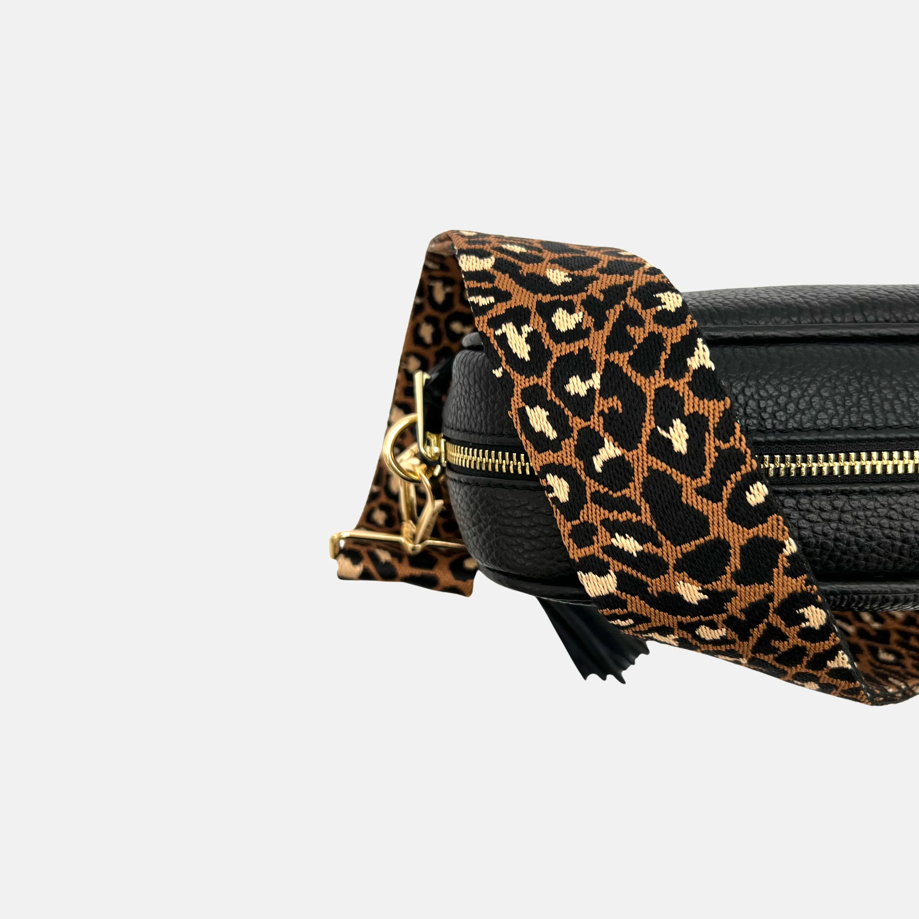 Black Leather Crossbody Bag With Tan Cheetah Strap