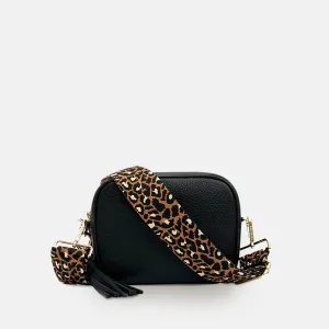 Black Leather Crossbody Bag With Tan Cheetah Strap