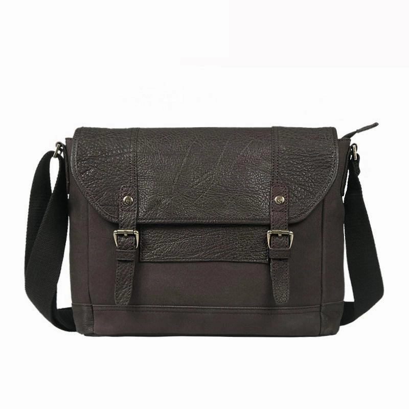 Black Canvas Leather Mens Side Bags Messenger Bags Dark Coffee Canvas Courier Bag for Men