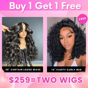 Bogo Sale $259= 26" Curtain Bang Loose Wave Wig   14" Kinky Curly Bob Wig