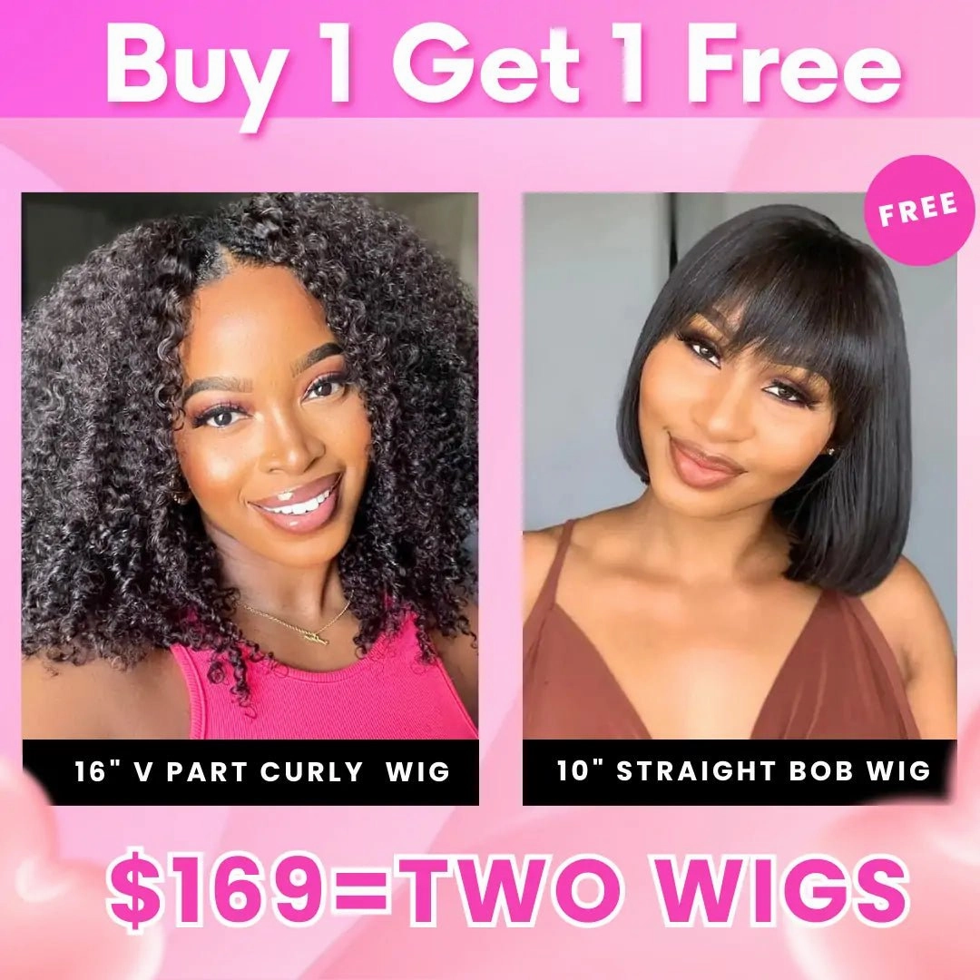 Bogo Sale: $179=V Part Curly 16" Wig   10" Bob Straight Wig With Bangs