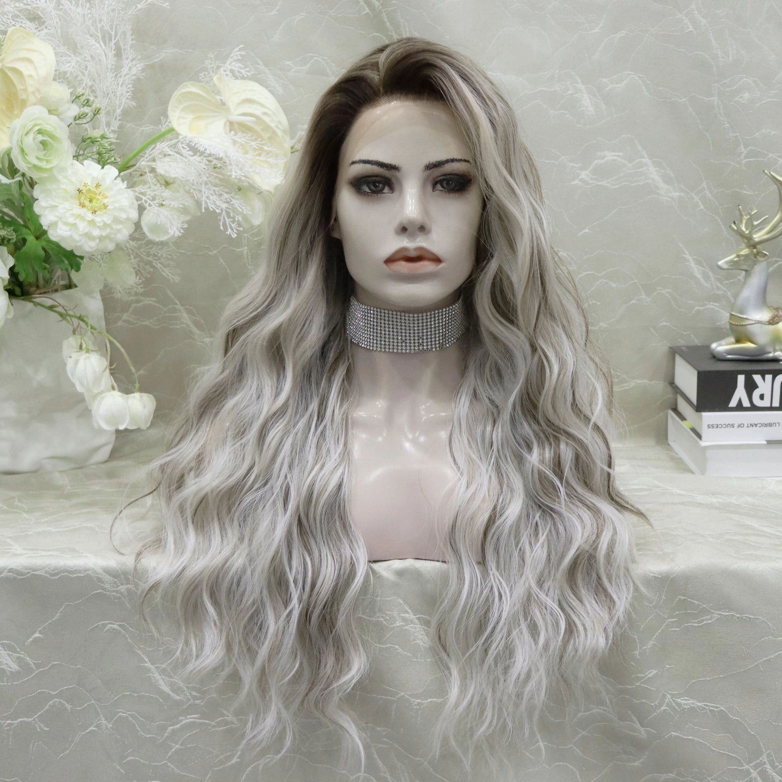 Brenda Collection-Cathy water Wave Grey with Brown rooting 26 inches 13*4 lace Front Synthetic wig
