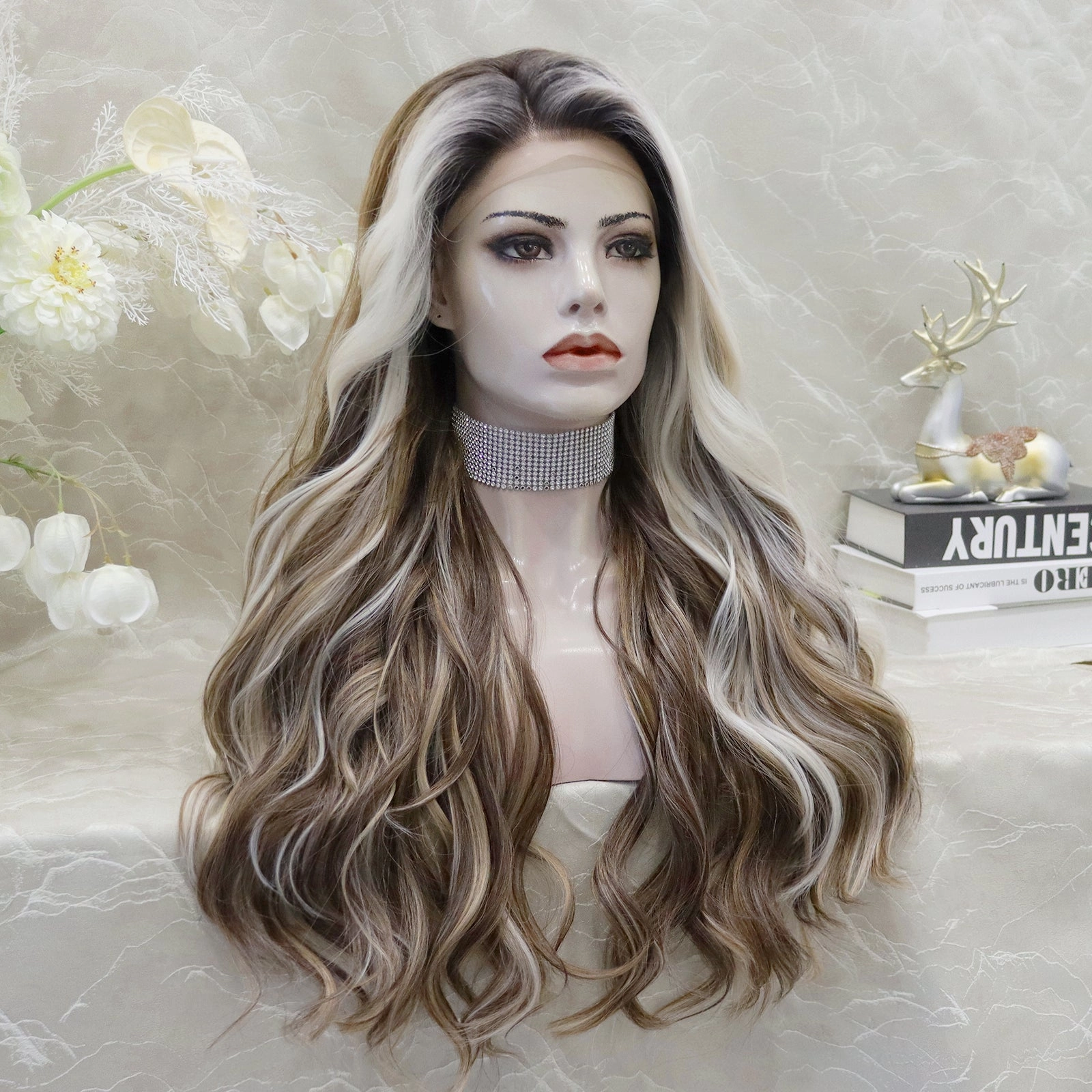 Brenda Collection-Rachel Ombre Brown with Beige Highlight curly Hairstyle Glueless with elastic bands lace Front Synthetic wig Adjustable