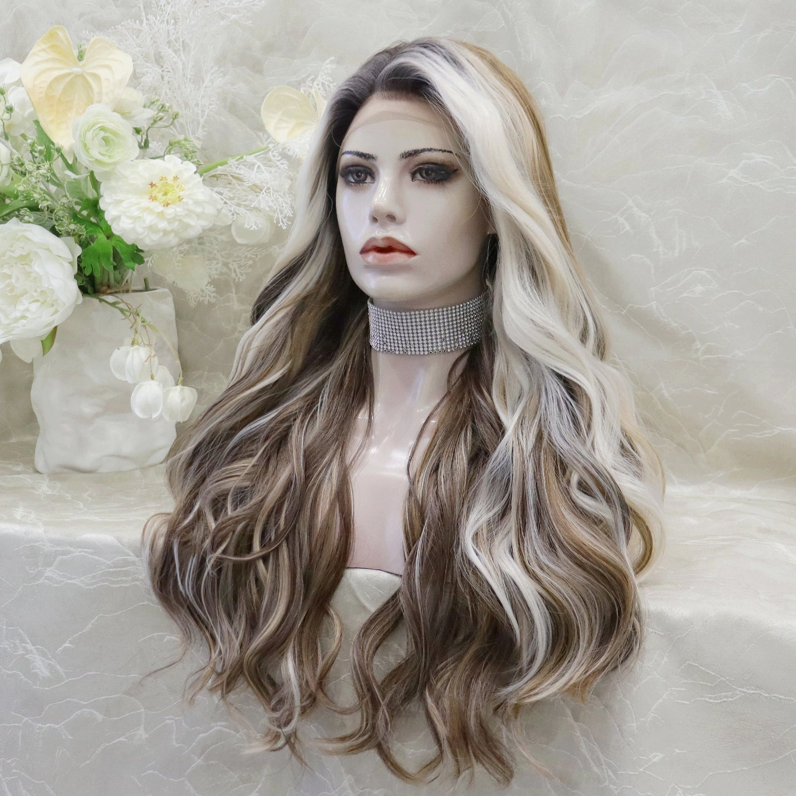 Brenda Collection-Rachel Ombre Brown with Beige Highlight curly Hairstyle Glueless with elastic bands lace Front Synthetic wig Adjustable