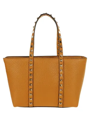 Brown Grained Calfskin Small Rockstud Shopping Bag
