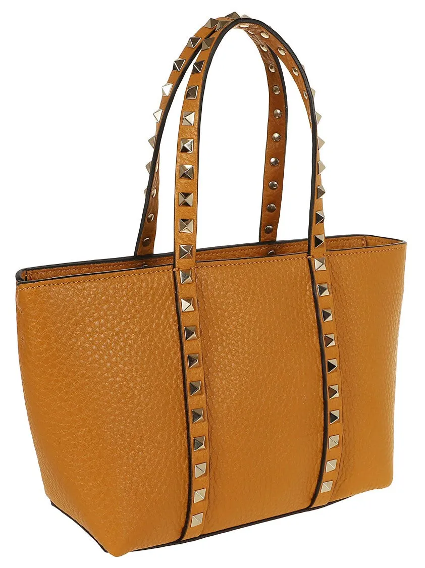 Brown Grained Calfskin Small Rockstud Shopping Bag