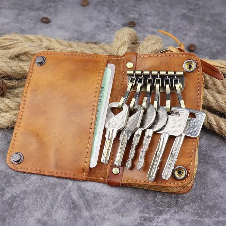 Brown Leather Key Case Key Wallet Men's Dark Coffee Key Holder Red Card Holder For Men