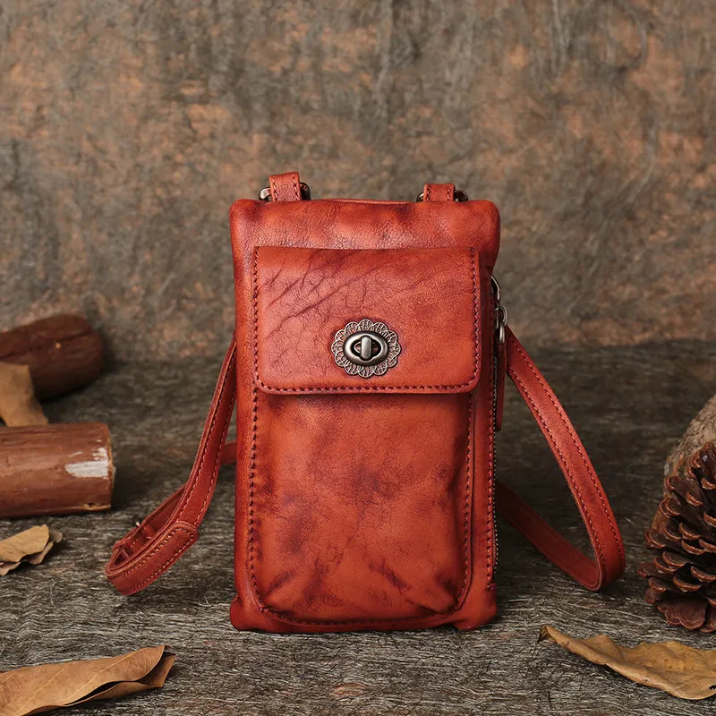 Brown Leather Womens Phone Shoulder Bag Small Vertical Side Bag Handmade Crossbody Purse for Ladies