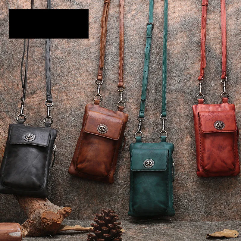 Brown Leather Womens Phone Shoulder Bag Small Vertical Side Bag Handmade Crossbody Purse for Ladies