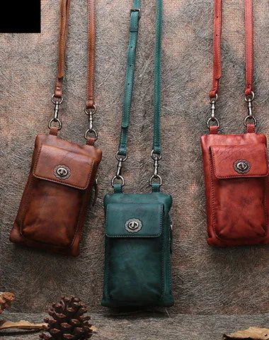 Brown Leather Womens Phone Shoulder Bag Small Vertical Side Bag Handmade Crossbody Purse for Ladies