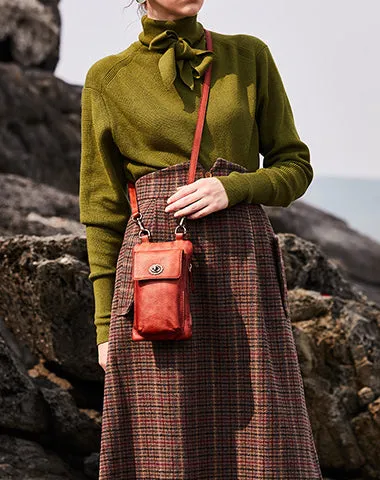 Brown Leather Womens Phone Shoulder Bag Small Vertical Side Bag Handmade Crossbody Purse for Ladies