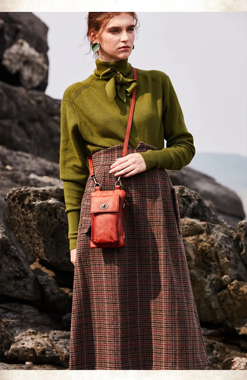 Brown Leather Womens Phone Shoulder Bag Small Vertical Side Bag Handmade Crossbody Purse for Ladies