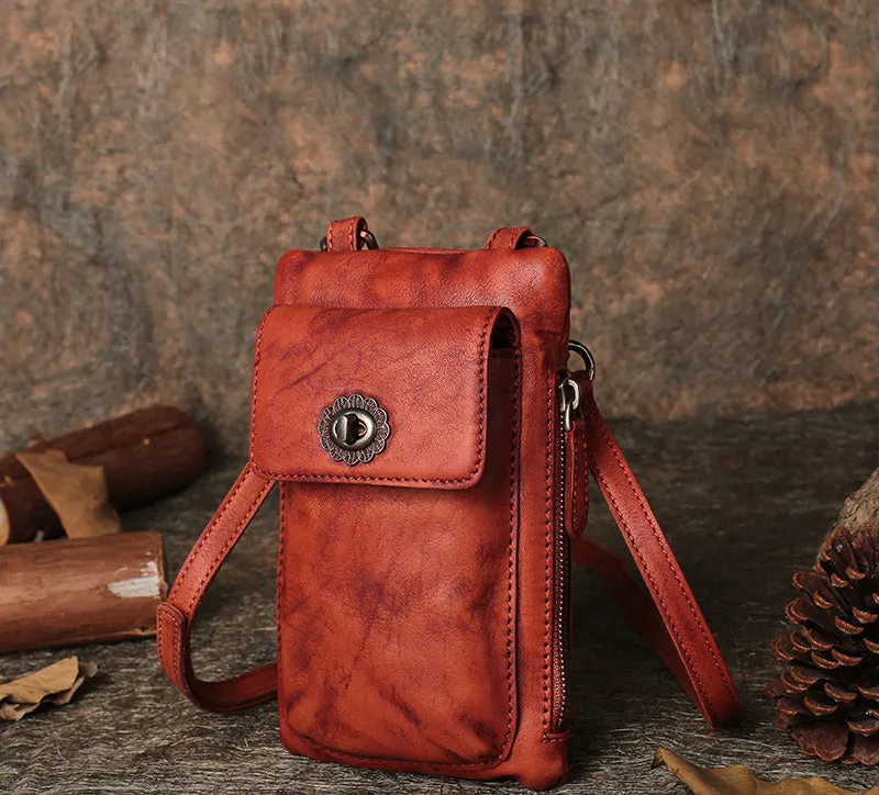 Brown Leather Womens Phone Shoulder Bag Small Vertical Side Bag Handmade Crossbody Purse for Ladies