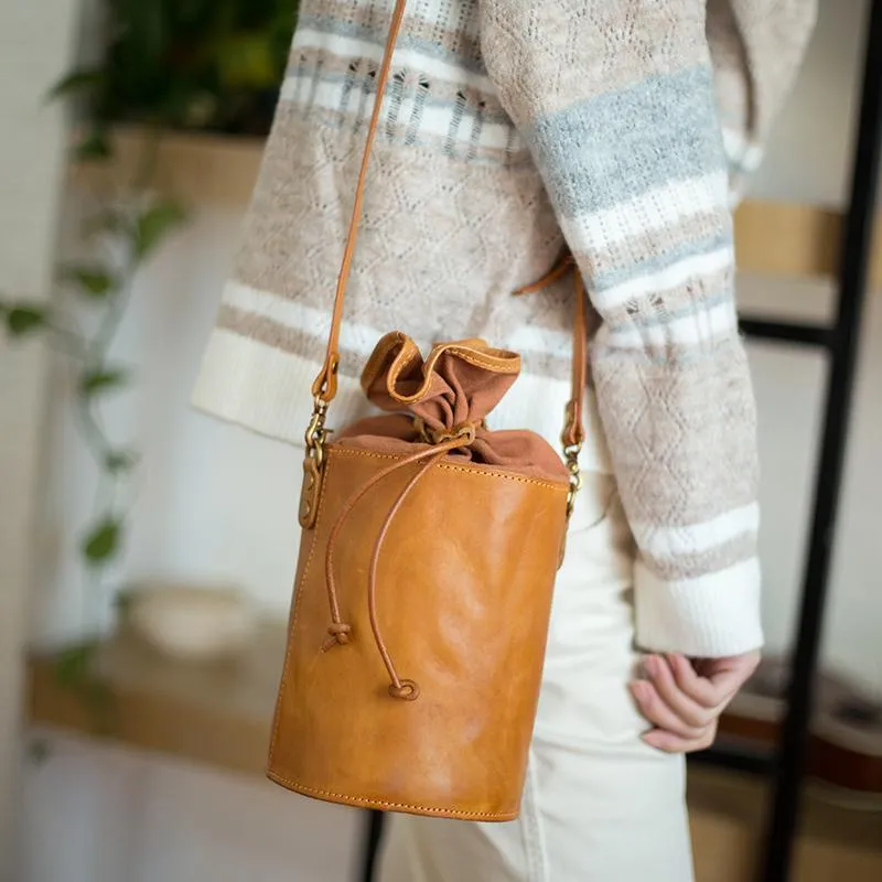 Brown Womens Leather Shoulder Bag Bucket Bag Small Green Crossbody Barrel Bag Bucket Purse for ladies