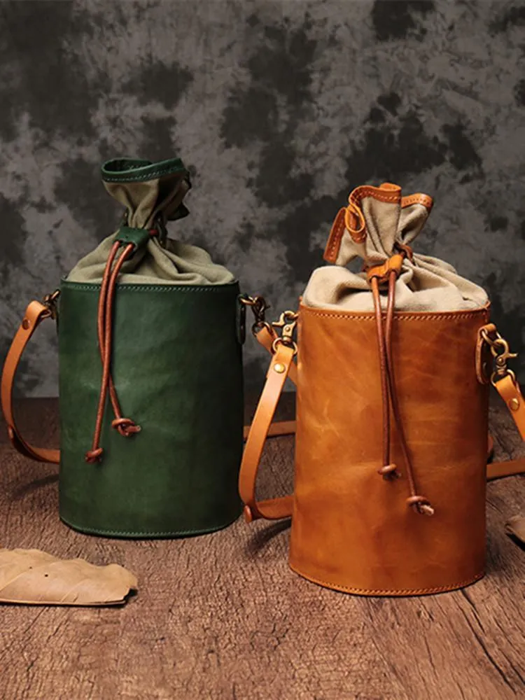 Brown Womens Leather Shoulder Bag Bucket Bag Small Green Crossbody Barrel Bag Bucket Purse for ladies