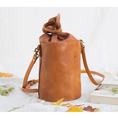 Brown Womens Leather Shoulder Bag Bucket Bag Small Green Crossbody Barrel Bag Bucket Purse for ladies
