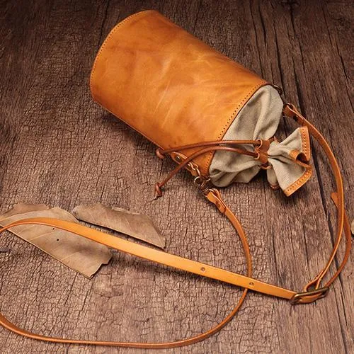 Brown Womens Leather Shoulder Bag Bucket Bag Small Green Crossbody Barrel Bag Bucket Purse for ladies