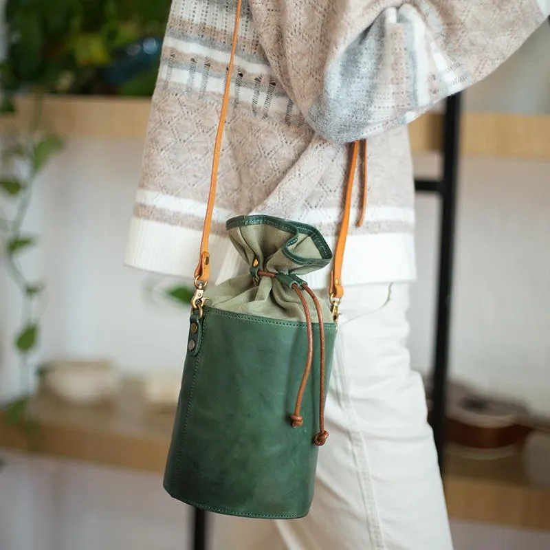 Brown Womens Leather Shoulder Bag Bucket Bag Small Green Crossbody Barrel Bag Bucket Purse for ladies