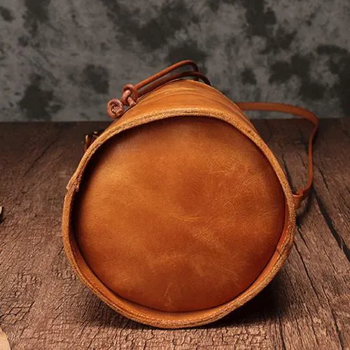 Brown Womens Leather Shoulder Bag Bucket Bag Small Green Crossbody Barrel Bag Bucket Purse for ladies