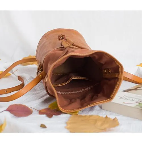 Brown Womens Leather Shoulder Bag Bucket Bag Small Green Crossbody Barrel Bag Bucket Purse for ladies