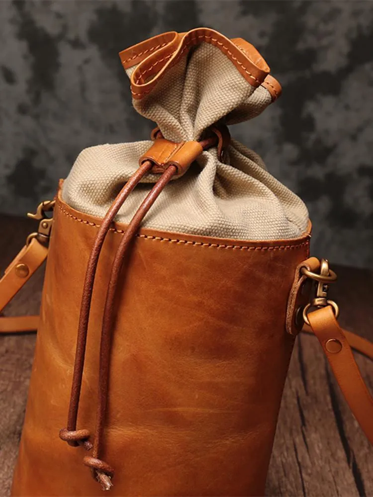Brown Womens Leather Shoulder Bag Bucket Bag Small Green Crossbody Barrel Bag Bucket Purse for ladies