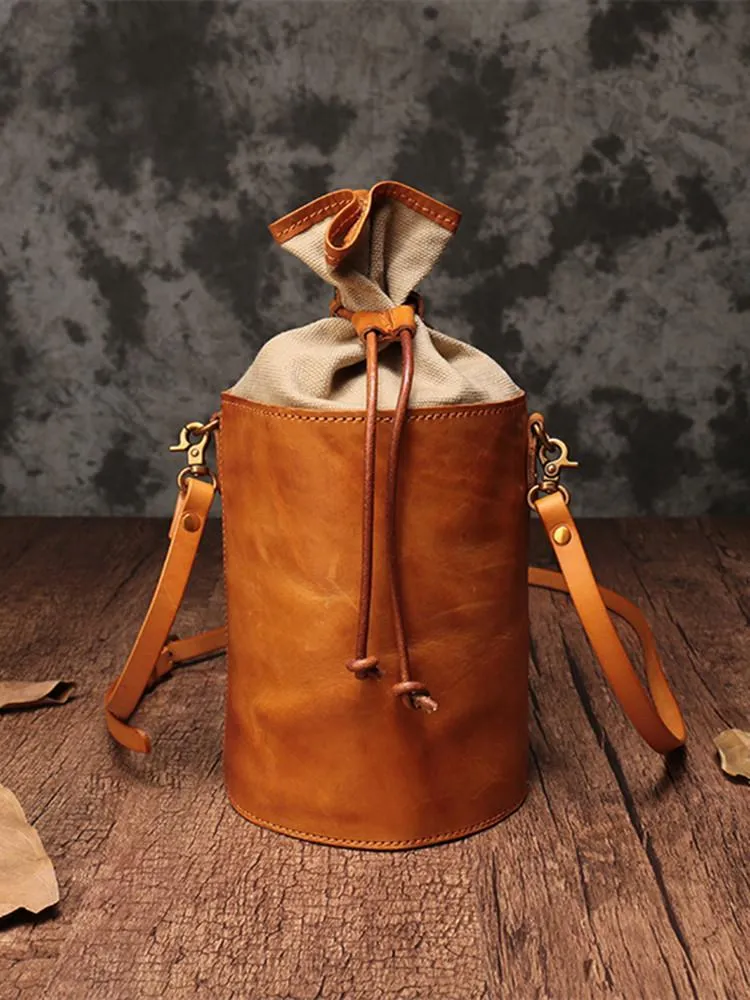 Brown Womens Leather Shoulder Bag Bucket Bag Small Green Crossbody Barrel Bag Bucket Purse for ladies